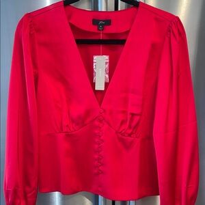 J. Crew Red V-Neck Puff Sleeve Blouse